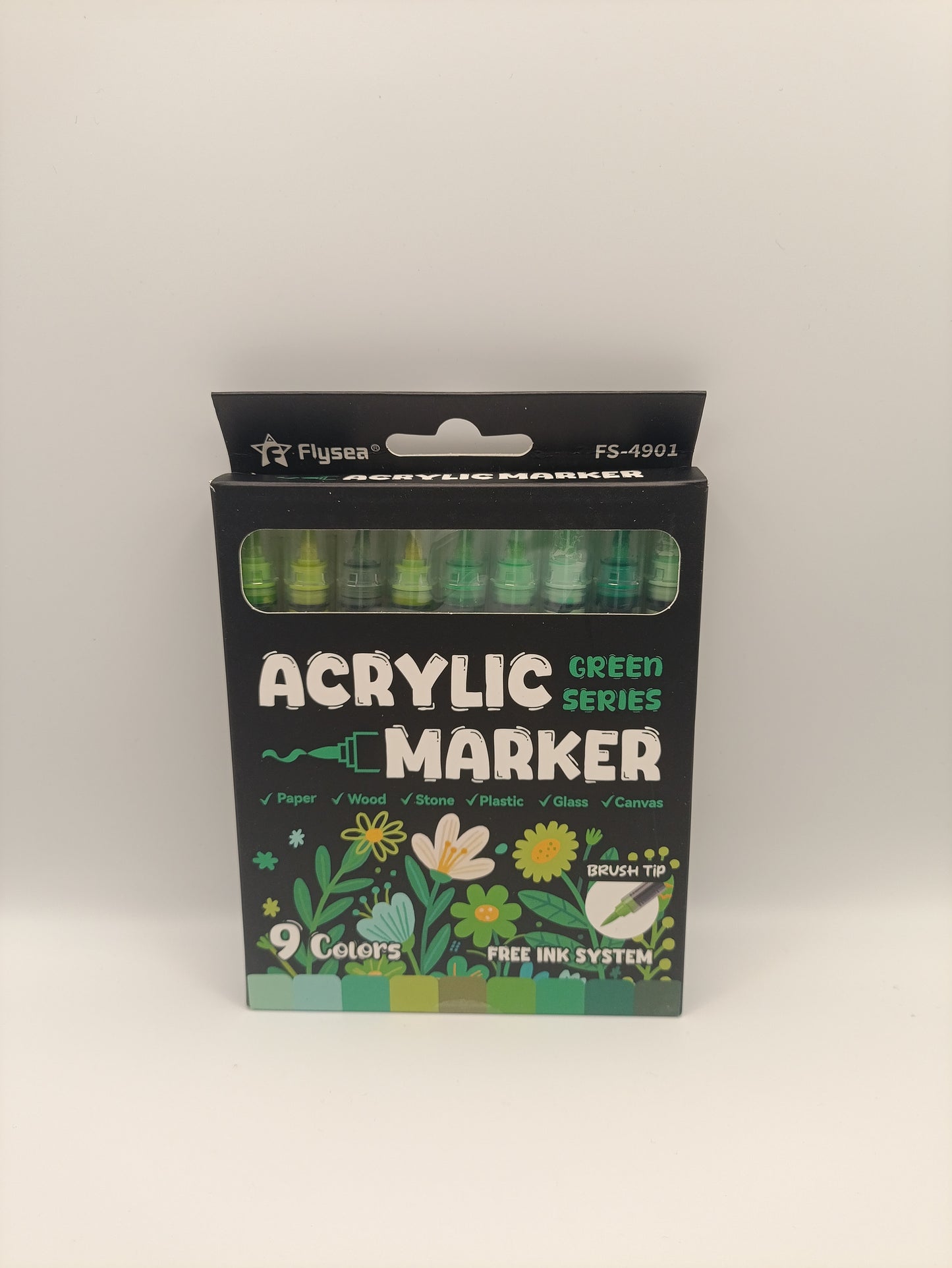 Flysea Acrylic Brush Markers – Green Series (9 Pack)